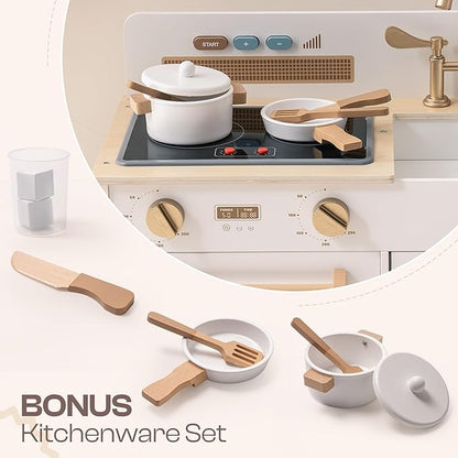 ROBOTIME Play Kitchen for Toddlers, Wooden Kids Play Kitchen Playset with Real Lights & Sounds/Ice Cube Dispenser, Pretend Play Toy Kitchen, Gift for Ages 3+ (White)