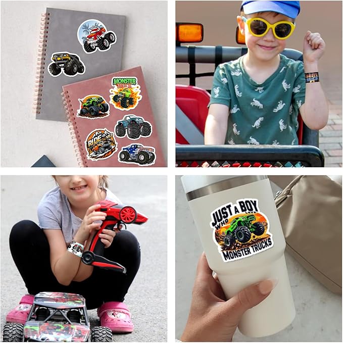 Monster Truck Party Favors, 24 Pcs Monster Truck Slap Bracelets 50 Pcs Monster Truck Stickers Monster Truck Birthday Party Decorations Supplies Gifts for Kids Boys Classroom Rewards