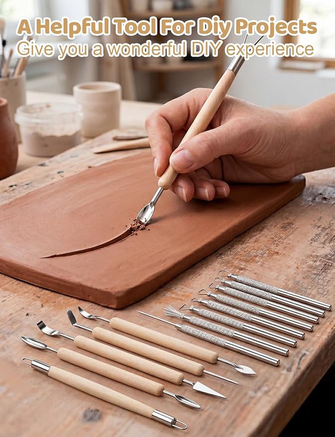 14Pcs Clay Sculpting Tools Kit, Ceramic Clay Ball Stylus Dot Painting Tools, Air Dry Clay Tools Set for Carving, Dotting, Embossing, Shaping, Molding, Pottery Crafts, Nail Art, Rhinestone, Rock