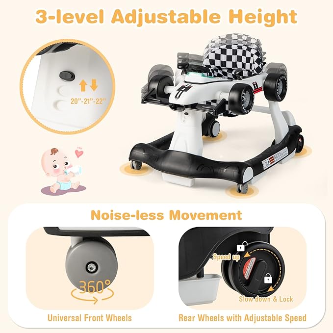 GLACER Foldable Baby Walker, 4-in-1 Infant Walker with Adjustable Height & Speed, Music, Light, Steering Wheel & Washable Cushion, Baby Walker Activity Center for Boys Girls 6 –18 Months (White)