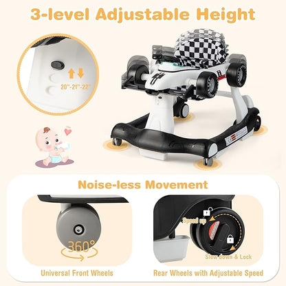 GLACER Foldable Baby Walker, 4-in-1 Infant Walker with Adjustable Height & Speed, Music, Light, Steering Wheel & Washable Cushion, Baby Walker Activity Center for Boys Girls 6 –18 Months (White)