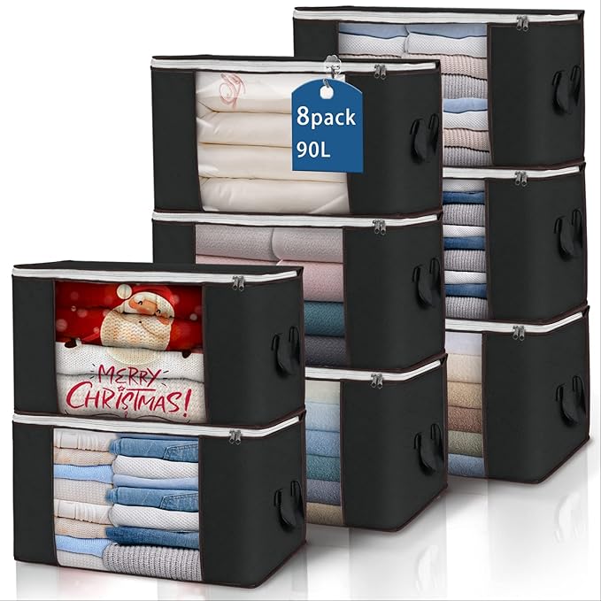 Large Storage Bags, 8 Pack Clothes Storage Bins Foldable Closet Organizers Storage Containers with Durable Handles Thick Fabric for Blanket Comforter Clothing Bedding 90 L (Black)