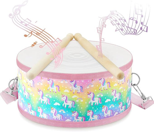 Boao 1 PC Kids Drum Set, 8 Inch Toddler Drum Wooden Toy with Adjustable Strap and 2 Drumsticks, Educational Sensory Musical Instrument for Toddlers Kid Baby Boys Girls Gift(Unicorn)