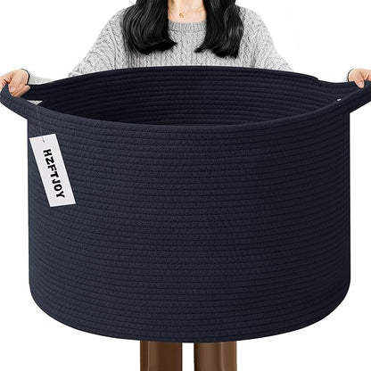 65L Large Blanket Basket,Cotton Rope Woven Storage Basket with Handles, Laundry Hamper for Toys, Clothes, Pillows & Towels, Perfect for Living Room, Nursery & Bedroom,Navy