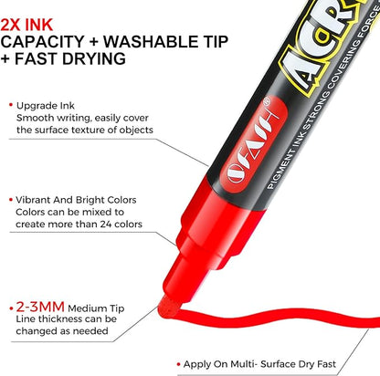 SFAIH Acrylic Creative Markers - 3mm Replaceable Nibs 15 Colors, Large Ink Capacity, Ultra-High Coverage, Non-Bleeding Water-Based Ink, Drawing Markers for Art Supplies, Wood, Fabric, Rock Painting
