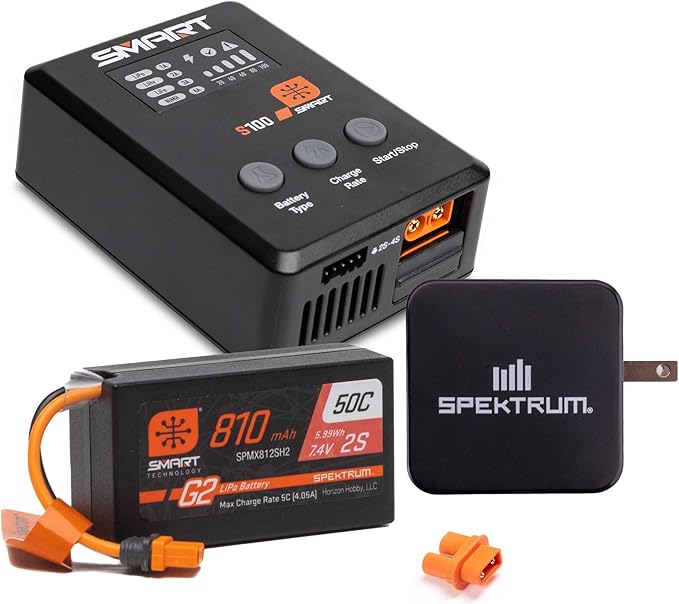 Spektrum Accessories Smart G2 Powerstage Bundle: 810mAh 2S 50C LiPo Battery (IC2), S100 Charger, 65W Power Block, Adapter, SPMXPSS210