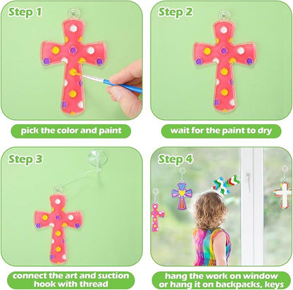 Poen 28 Sets Religious Cross Suncatchers Kits for Kids Ornaments Crafts Flip Flop Window Paint Art DIY Decor for Sunday School VBS Classroom Activities Holiday Party