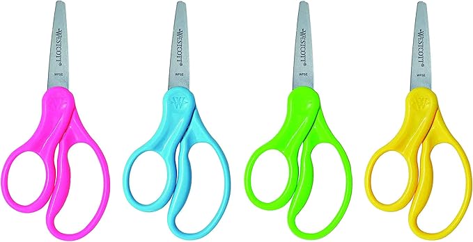 Westcott 13178 Left-Handed Scissors, Hard Handle Kids' Scissors, Ages 4-8, 5-Inch Pointed Tip, Color Varies