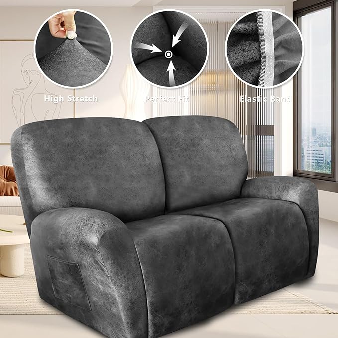 Loveseat Recliner Cover Leather Look Recliner Loveseat Covers Recliner Sofa Cover for 2 Seater Reclining Couch Spandex Fabric Washable 6 Pieces (2 Seater, 02 Light Grey)