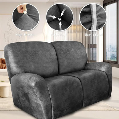 Loveseat Recliner Cover Leather Look Recliner Loveseat Covers Recliner Sofa Cover for 2 Seater Reclining Couch Spandex Fabric Washable 6 Pieces (2 Seater, 02 Light Grey)