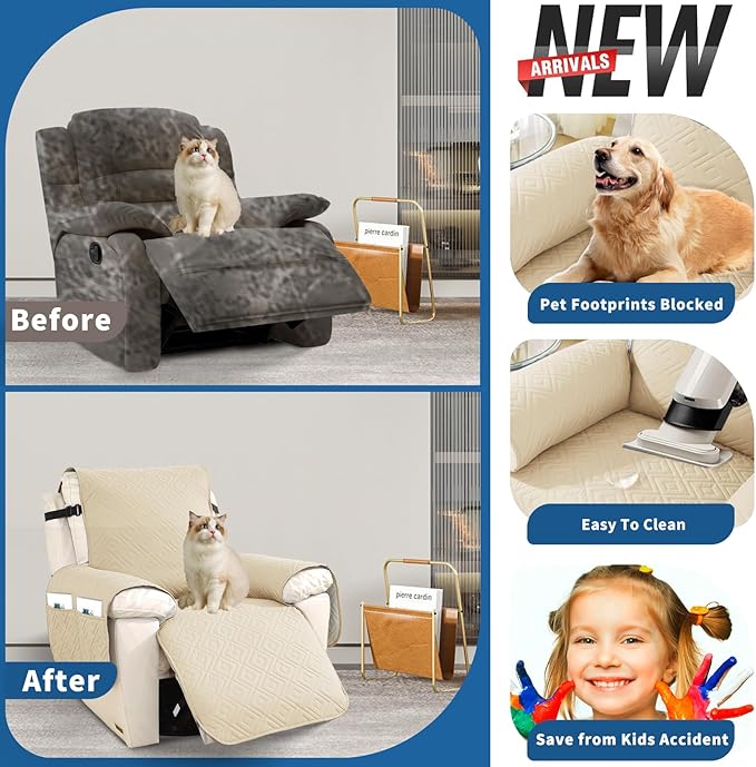 XINEAGE 100% Waterproof Recliner Cover, Non Slip Recliner Chair Cover with Elastic Band, Washable Recliner Slipcover with Storage Pockets for Kids, Pets (Beige, 28")