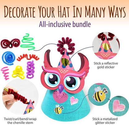 Woodland Themed Christmas Party Hats Making Kit c/w Chenille Stems & Stickers. Group Activities, DIY Art Craft Home Project. Birthday, Easter & Fiesta Decoration for Kid