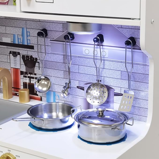 Wooden Play Kitchen Toy Set with Light, Kids Children Pretend Toy Kitchen Playset, Sink with Faucet, Oven, Microwave, Kitchenware Set Accessories for Ages 3-8 Girls Boys