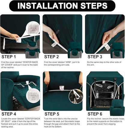 FestiCorp Recliner Chair Covers Real Velvet 4-Pieces Recliner Covers for Small Lazy Boy Recliner Chair Stretch Recliner Sofa Slipcovers Protector with Side Pocket & Elastic Bottom, Emerrald Green