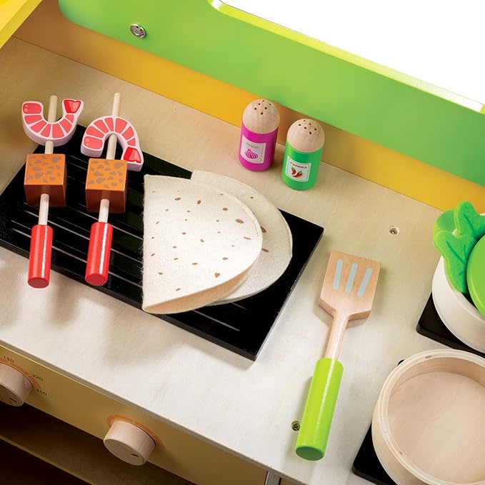 Taco Truck Wooden Playset, 30 Toy Pieces- Cook Top, Steering Wheel Sink Sticker Sheet for Kids Name- Food, Taco Shells, Cheese, Patties- Dual Sided Activity Play Stand Set for Indoor Fun, Ages 3+ Gift