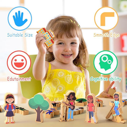 Blosssound 40 Pcs Wooden Community Helpers for Kids Little Occupations Figures Play Toys Wooden Blocks Multicultural Career Preschool Classroom Educational Supplies Birthday Gifts