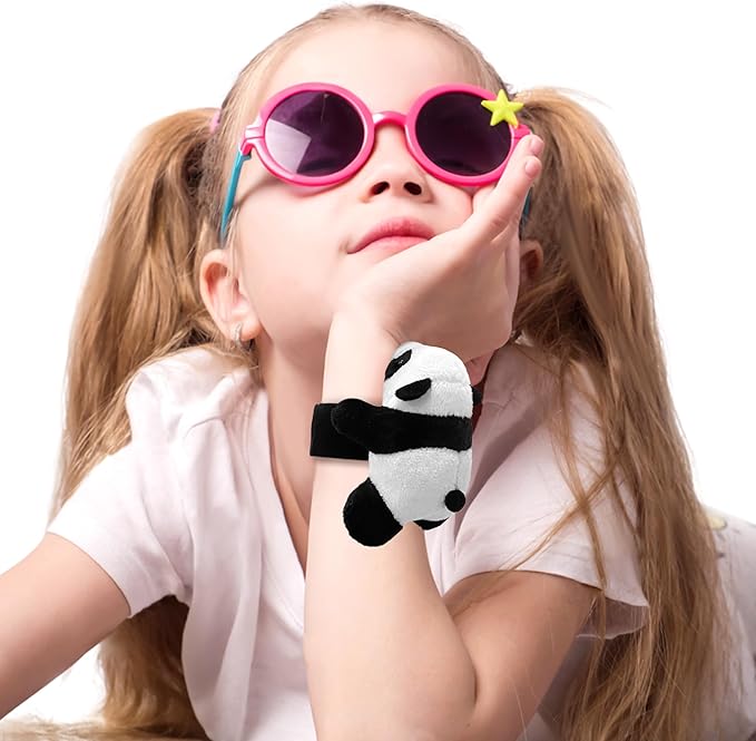 12 PCS Panda Slap Bracelets Huggers Cute and Pretty Panda Slap Bracelets Huggers for Kids Gifts for Panda Birthday Party Favors Plush Animal Snap Bracelets