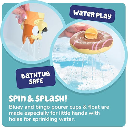 TOMY Toomies Splash & Float Bingo and Bluey Water Toys - 2-in-1 Toddler Water Toys with Pour Cup and Water Wheel Toy - Toddler Bath Toys and Bluey Toys - Ages 18 Months and Up