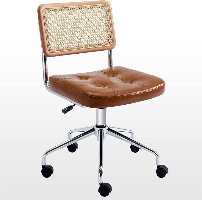 Zesthouse Mid Century Home Office Chair Leather Desk Chair with Rattan Back, Vanity Chair for Girls Women, Upholstered Swivel Chair, Adjustable Height Computer Task Chair