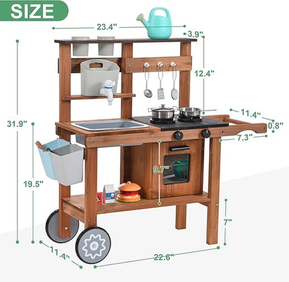 Mud Kitchen for Kids Outdoor,Wooden Play Kitchen with Removable Sink, Faucet,Storage Shelves, Backyard Garden Toddler Kitchen Playest, Kitchenware, Stove, Gift for Boys and Girls