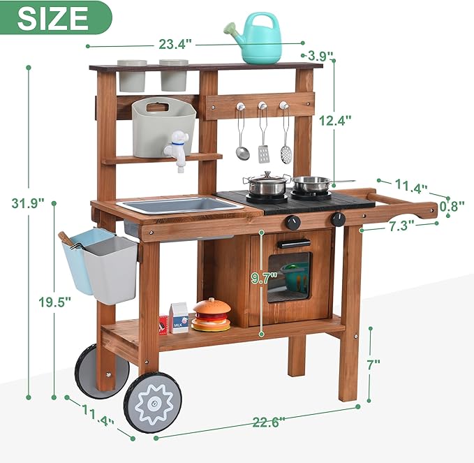 Mud Kitchen for Kids Outdoor,Wooden Play Kitchen with Removable Sink, Faucet,Storage Shelves, Backyard Garden Toddler Kitchen Playest, Kitchenware, Stove, Gift for Boys and Girls