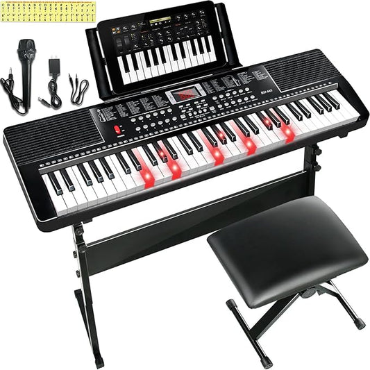 61 Key Keyboard Piano for Beginners with Lighted Keys & Pro Teaching Modes,Includes Stand, Bench, Microphone, Music Stand,70 Demos, 200 Rhythms/Tones, Gift for Beginners