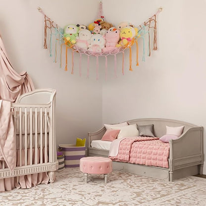 Boho Stuffed Animals Net or Hammock Large,55 inch Toy Hammock Macrame Stuff Animal Storage Corner Hanging Net Holder,Mesh Hammock Plush Toy Organizer with Hooks for Bedroom,Nursery (colorful)