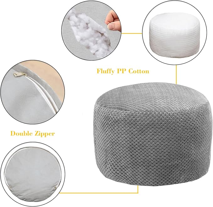 Asuprui Pouf Ottoman Stuffed Pouf Ottoman Foot Rest Soft Foot Stool 20x20x12 Inches Fuzzy Chair Floor Pouf Chair Foot Rest with Storage for Living Room Bedroom Gray Pouf with Filler