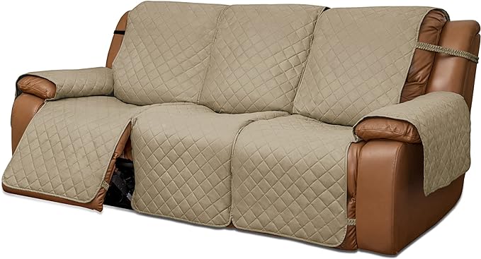 Easy-Going Oversized Recliner Sofa Cover, Reversible Couch Cover for 3 Seat Recliner, Split Sofa Cover for Each Seat with Elastic Straps for Kids, Dogs, Pets (3 Seater, Beige/Beige)