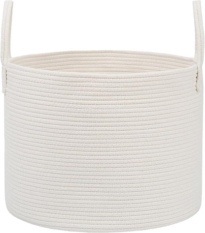 JMvicyroam 115L Extra Large Blanket Basket for Living Room - Woven Cotton Rope Laundry Hamper with Reinforced Handles - Storage Bin for Pillows, Comforters & Toys - Machine Washable,White