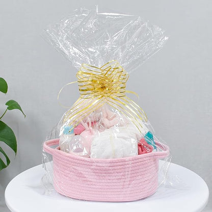 ABenkle Small Basket, 12"x 8" x 5" Cute Small Woven Basket, Rope Room Shelf Storage Basket, Cat Dog Toys Basket Chest Box, Decorative Empty Gift Basket with Handles - All PInk