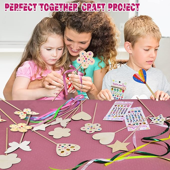 WUBOMJIO Princess Fairy Wands Craft Kit, Kid Birthday Party Supplies Make Your Own Magic Wands Include Unfinished Wooden Fairy Wands, Gem Stickers, Ribbons, Ideal for Kids 6+(14 PCS)