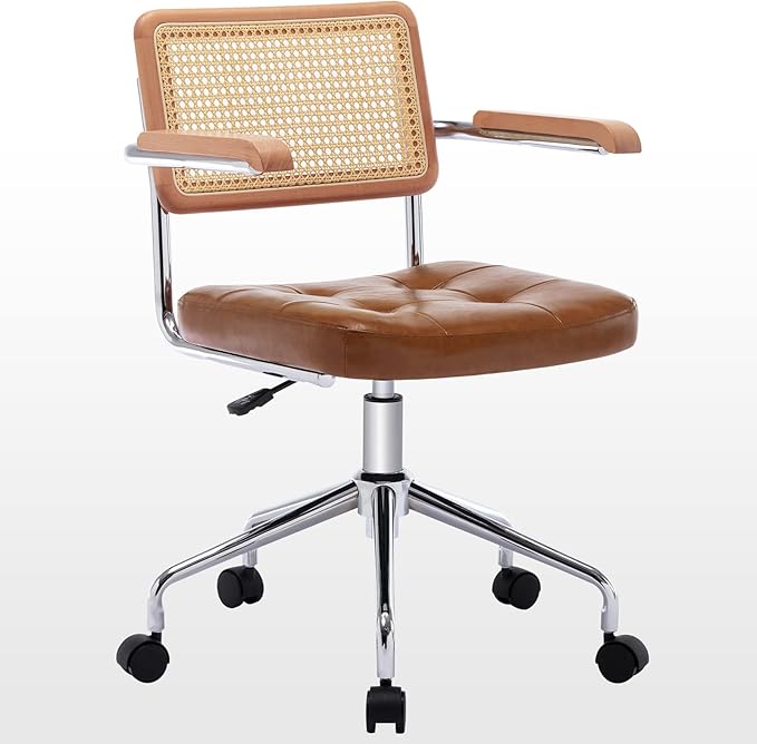 Zesthouse Modern Home Office Chair Leather Desk Chair with Natural Rattan Back, Vanity Chair for Girls Women, Upholstered Tufted Swivel Armchair, Height Adjustable Computer Task Chair