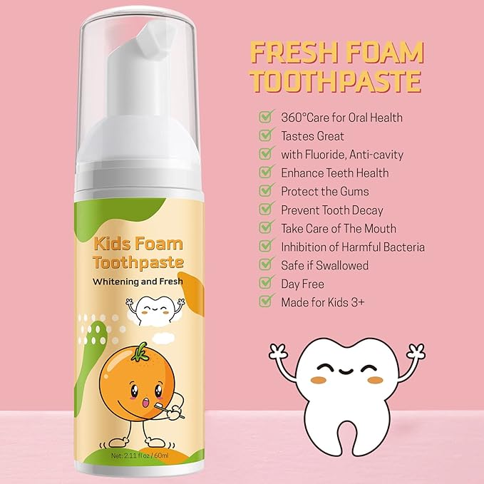 Kids Foam Toothpaste with Low Fluoride, Orange and Strawberry Flavor, Safe Natural Formul, Perfect for U-Shape Electric Toothbrush