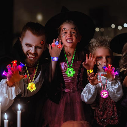 84 PCS Halloween Party Favors for Kids, Halloween Glow in the Dark Toys Rotating Spin Light Up Necklaces LED Rings Bracelets Decorations, Halloween Trick or Treats Goodie Bag Fillers Party Supplies