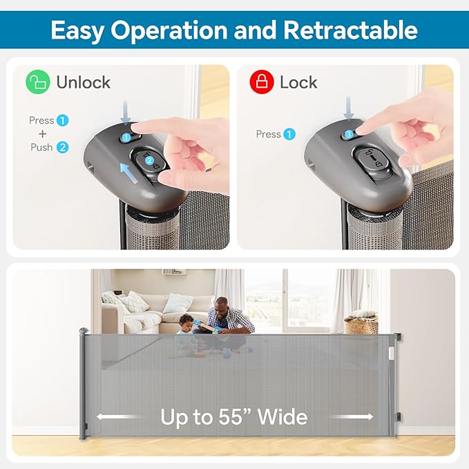 Bulubaky Extra Tall Safety Retractable Baby Gate Adjustable Wide Retractable Dog Gate Mesh Baby Gate Child Gate for Doorway, Hallway, Stair Gates for Kids or Pets (Grey, 42" Tall x 55" Wide)