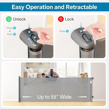 Bulubaky Extra Tall Safety Retractable Baby Gate Adjustable Wide Retractable Dog Gate Mesh Baby Gate Child Gate for Doorway, Hallway, Stair Gates for Kids or Pets (Grey, 42" Tall x 55" Wide)