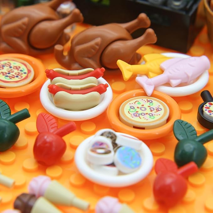 188pcs City Food Bricks Set, Picnic Toys Friends Kitchen Fram Restaurant DIY Pieces Parts Ice-Cream-Cupcakes Turkey-Banana-Carrot-Bread Basket Fish