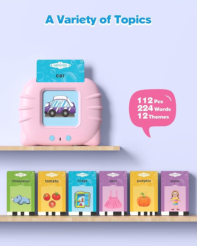 Pink Talking Flash Cards for Toddler 1 2 3 4 Year Olds, Language Learning Toys, Pocket Speech Therapy Toys, Autism Toys, Montessori Toys with 224 Words, Children's Sensory Learning Toys