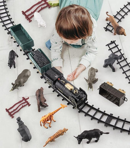 Safari Animals Figures Toy Train Set, Electric Locomotive with Light & Sound, Wildlife African Jungle Zoo Miniature Toys Cake Toppers Bulk Toddler Stocking Stuffers Gift for 3 4 5 Year Old Boys