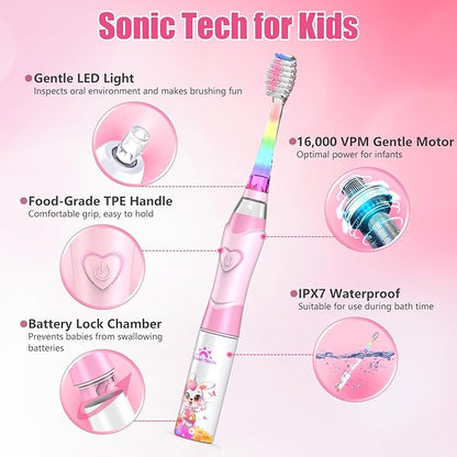 Kids Electric Toothbrush Toddler Toothbrush Age 2-4-8-12 Girls Electric Toothbrush with Timer Rainbow LED Light Up Vibrating Toothbrush Battery Operated Childrens Sonic Tooth Brush (Rabbit Pink)