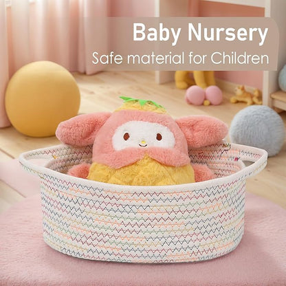 JMvicyroam Woven Basket,Small Rope Storage Bin with Handles & Ribbon Bag, Organizer for Shelves Closets,Gift Basket Empty for Birthday,Books,Dog Toys, Colorful