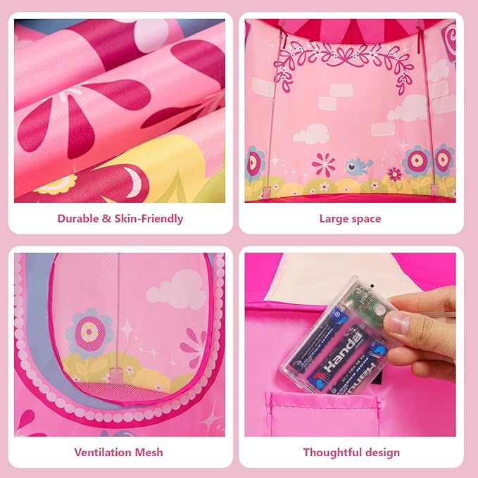 Princess Castle Play Tent for Kids, Girls' Pop-Up Play Tent with Star Lights, Indoor/Outdoor Foldable Pink Play Tent Fabulous Gift for Little Girls