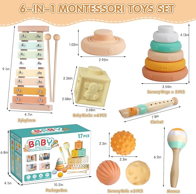 Wuzhineisn Baby Toys 6-12 Months Montessori Toys 6 in 1 Musical Instruments for Toddler, Stacking Blocks Development Learning Educational Toy with Wooden Xylophone Infant Baby Birthday Easter Gift