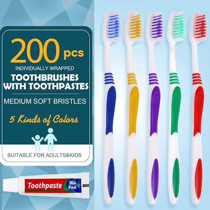 200 PCS Individually Wrapped Toothbrushes with Toothpaste Bulk, Disposable Toothbrushes Bulk, Bulk Toothpaste, Travel Toothpaste Bulk, Ergonomics Handle, Soft Bristle,Perfect for Travel,Hotel,Donation
