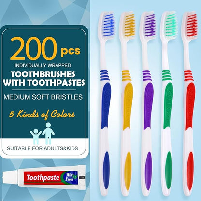 200 PCS Individually Wrapped Toothbrushes with Toothpaste Bulk, Disposable Toothbrushes Bulk, Bulk Toothpaste, Travel Toothpaste Bulk, Ergonomics Handle, Soft Bristle,Perfect for Travel,Hotel,Donation