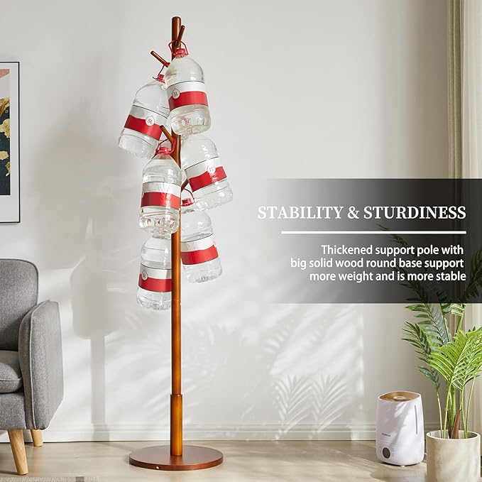 Wood Coat Rack Freestanding, Coat Stand with 8 Hooks, Kids Coat Tree with 3 height options and Sturdy Base, Rustic Coat Rack Small Hall Tree Brown YD-1008