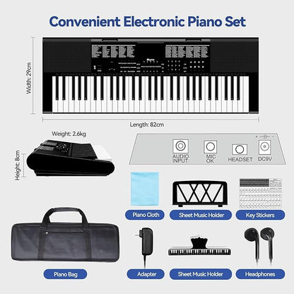 Keyboard Piano 61 Keys, Electric Piano Keyboard Kit with 255 Voices, 255 Rhythms, Powered by Power Adapter or Battery with LCD Display, Includes Sheet Music Stand, Piano Note Stickers, Earbuds (BLACK)