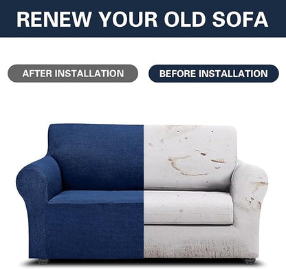 2025 New Stretch Loveseat Sofa Slipcovers Couch Cover for 2 Cushion Furniture Protector Sofa Covers with Elastic Bottom Jacquard Fabric Small Checks for Pets, Kids - Classic Blue