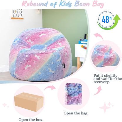 COMAX Bean Bag Chairs for Kids 8-12, Toddler BeanBag Sofa with Filler Unicorn Bean Couch Stuffed for Boys and Girls, Lazy Floor Chair for Playroom, Nursery Room, Colorful Rainbow